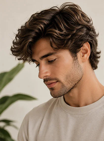 Hombre con cabello densificado con fibras de queratina Kapilab